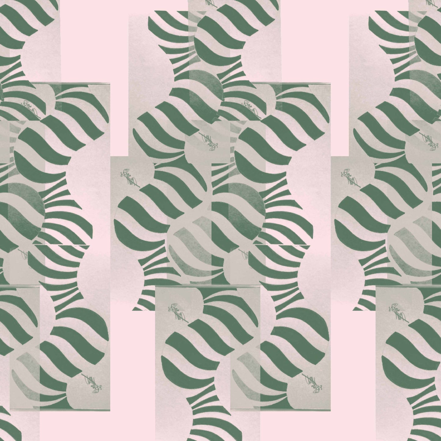 blush-green_Abstract geometric pattern featuring layered circles and wavy stripe motifs in soft blush and green tones, arranged in a grid-like composition with a modern, airy feel on a light background.