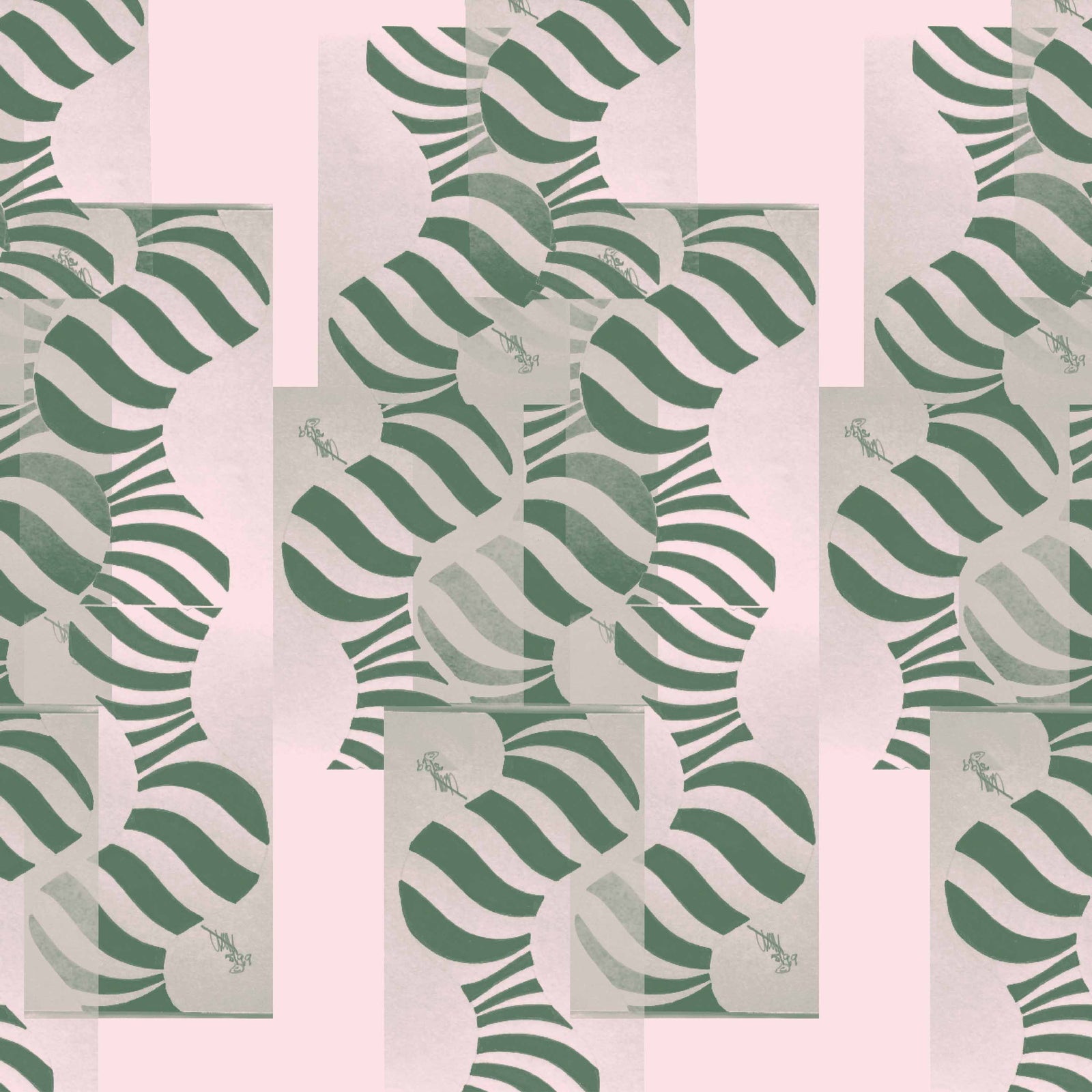 blush-green_Abstract geometric pattern featuring layered circles and wavy stripe motifs in soft blush and green tones, arranged in a grid-like composition with a modern, airy feel on a light background.