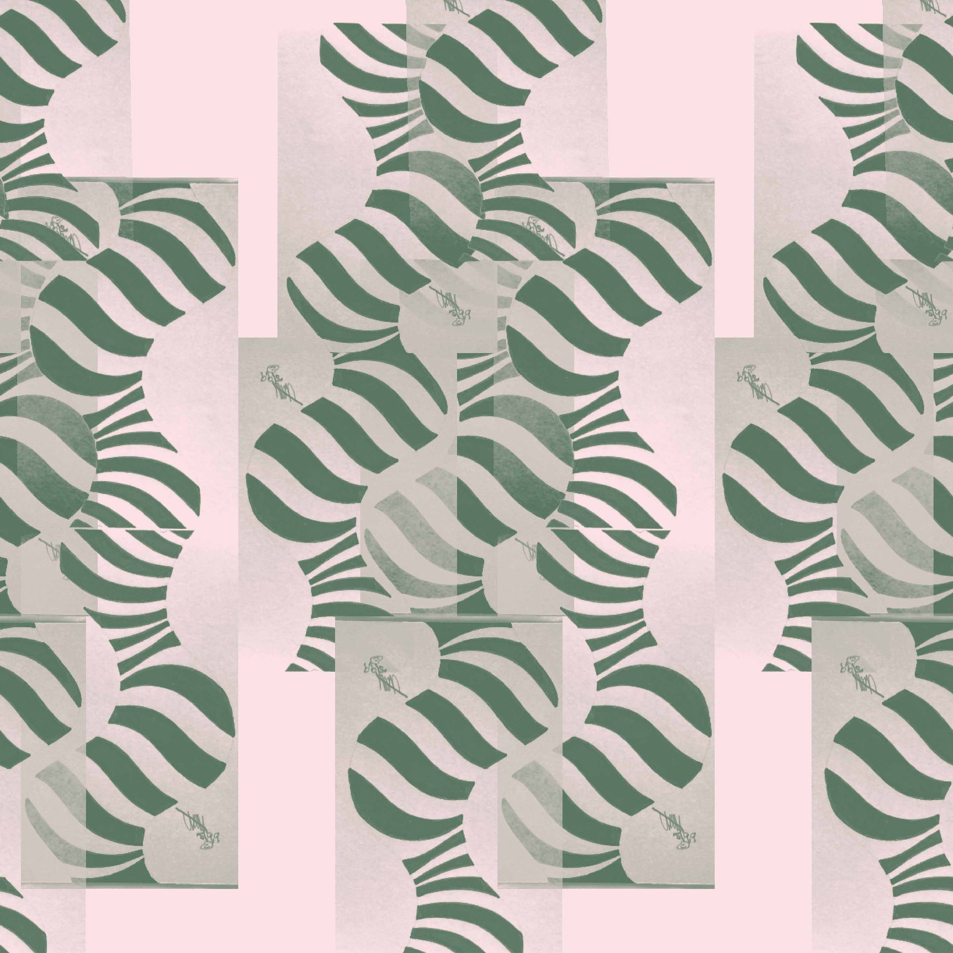 blush-green_Abstract geometric pattern featuring layered circles and wavy stripe motifs in soft blush and green tones, arranged in a grid-like composition with a modern, airy feel on a light background.