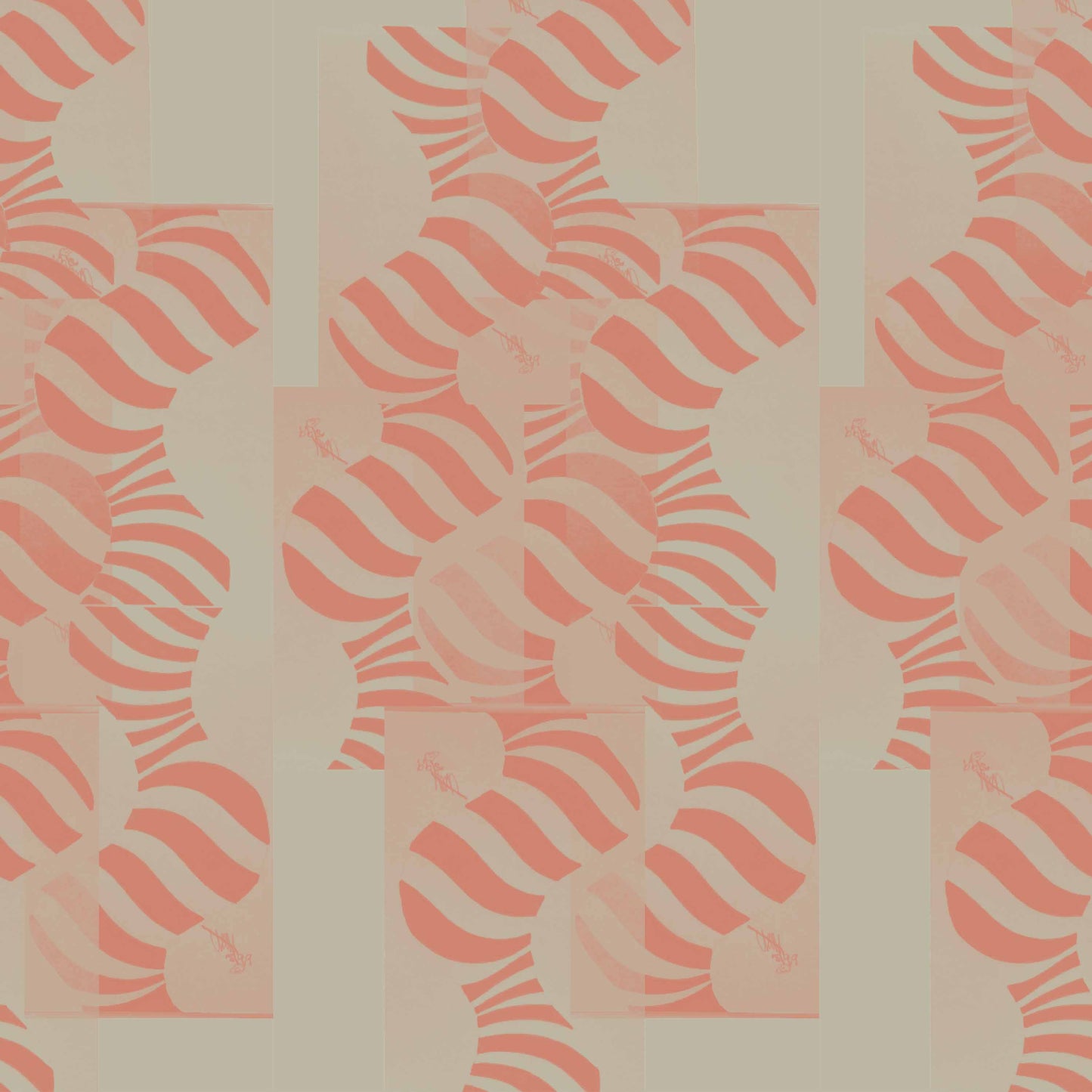 tan-rust_Abstract geometric pattern featuring layered circles and wavy stripe motifs in soft tan and rust tones, arranged in a grid-like composition with a modern, airy feel on a light background.