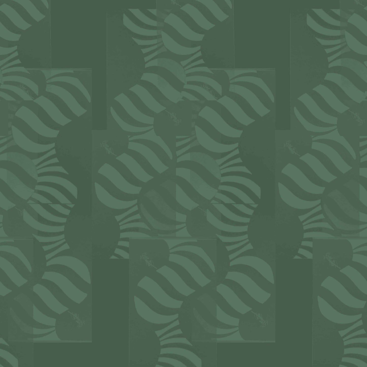 dark-green_Abstract geometric pattern featuring layered circles and wavy stripe motifs in light green tones, arranged in a grid-like composition with a modern, airy feel on a dark green background.