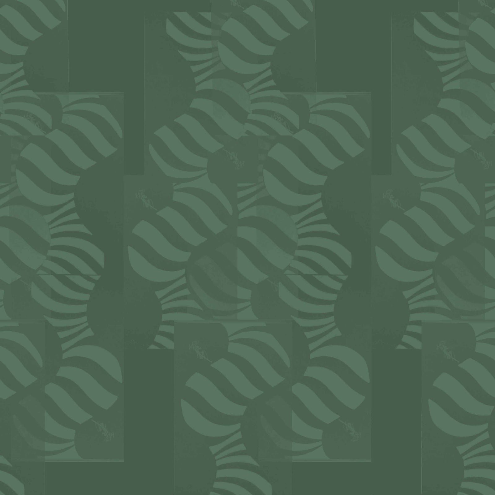dark-green_Abstract geometric pattern featuring layered circles and wavy stripe motifs in light green tones, arranged in a grid-like composition with a modern, airy feel on a dark green background.