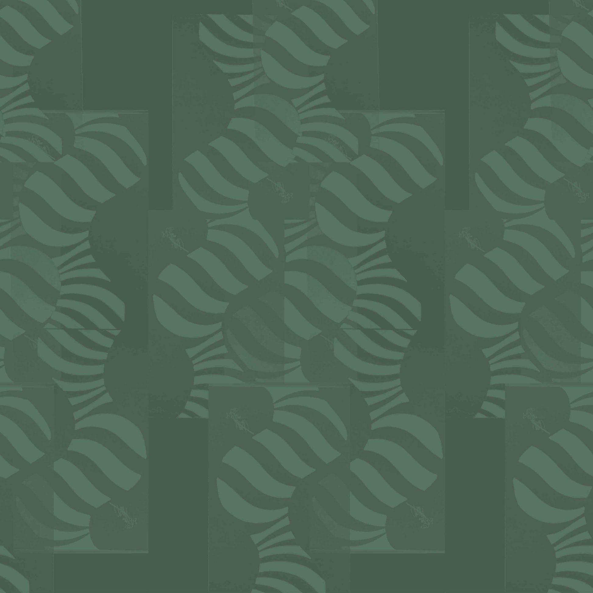 dark-green_Abstract geometric pattern featuring layered circles and wavy stripe motifs in light green tones, arranged in a grid-like composition with a modern, airy feel on a dark green background.