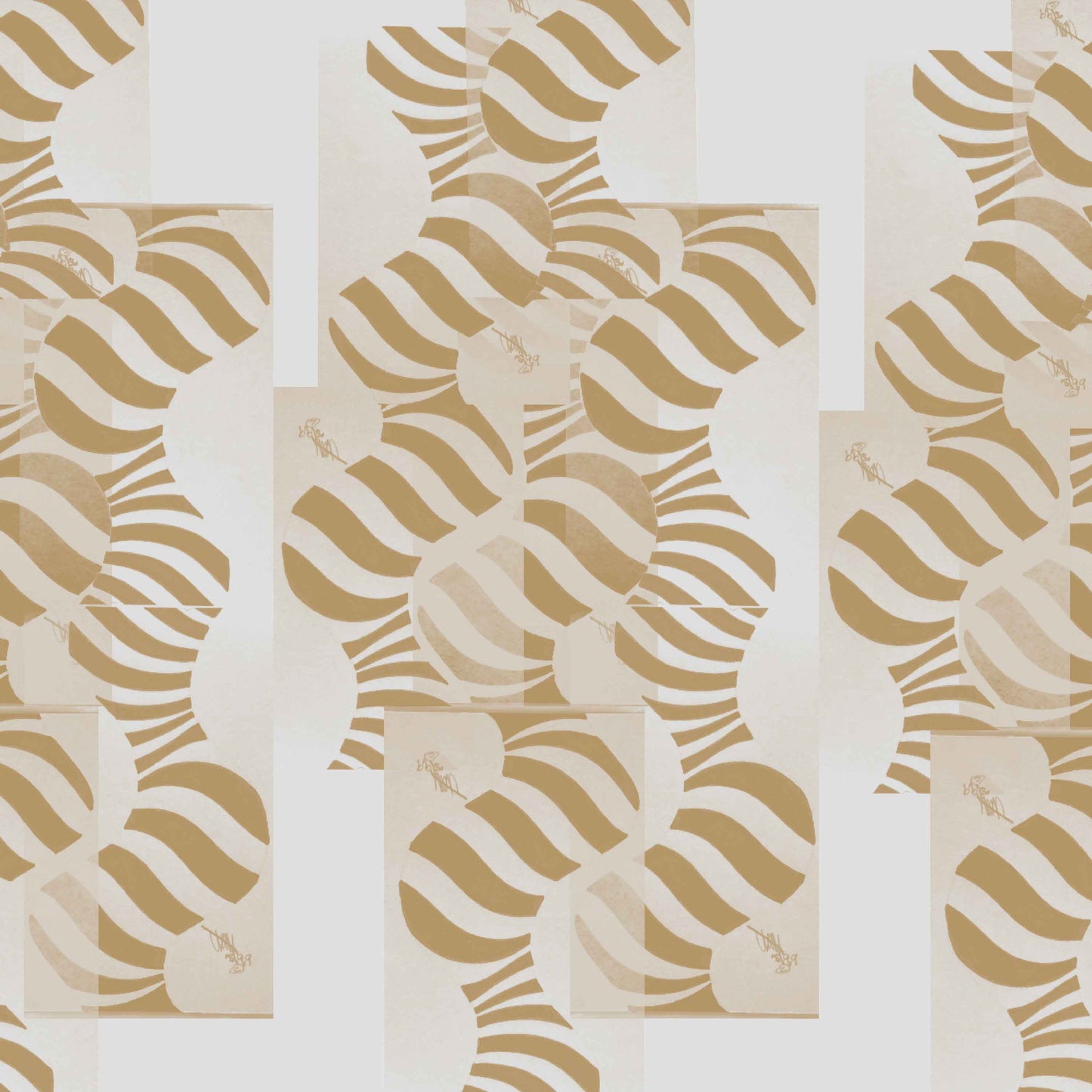 neutral_Abstract geometric pattern featuring layered circles and wavy stripe motifs in neutral tones, arranged in a grid-like composition with a modern, airy feel on a light background.