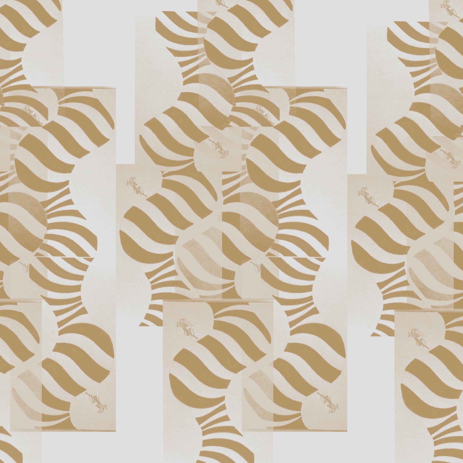 neutral_Abstract geometric pattern featuring layered circles and wavy stripe motifs in neutral tones, arranged in a grid-like composition with a modern, airy feel on a light background.