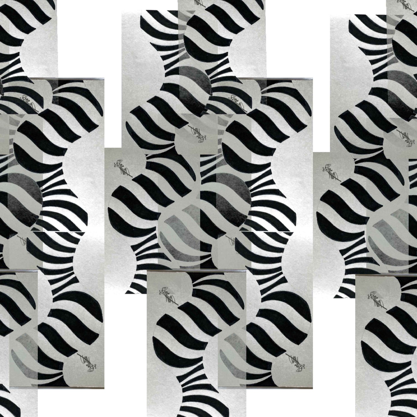 white-black_Abstract geometric pattern featuring layered circles and wavy stripe motifs in black and grey tones, arranged in a grid-like composition with a modern, airy feel on a light background.