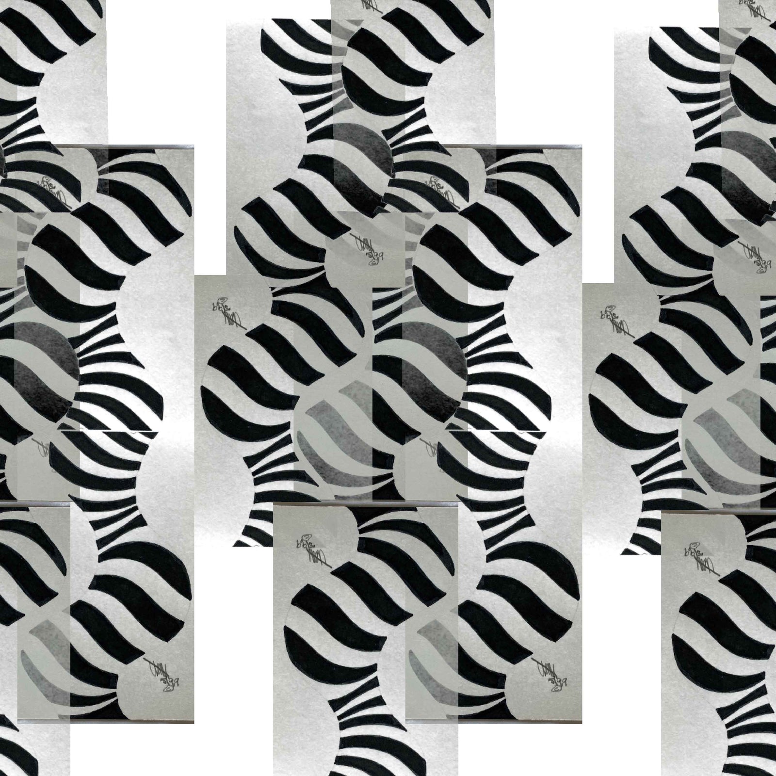 white-black_Abstract geometric pattern featuring layered circles and wavy stripe motifs in black and grey tones, arranged in a grid-like composition with a modern, airy feel on a light background.