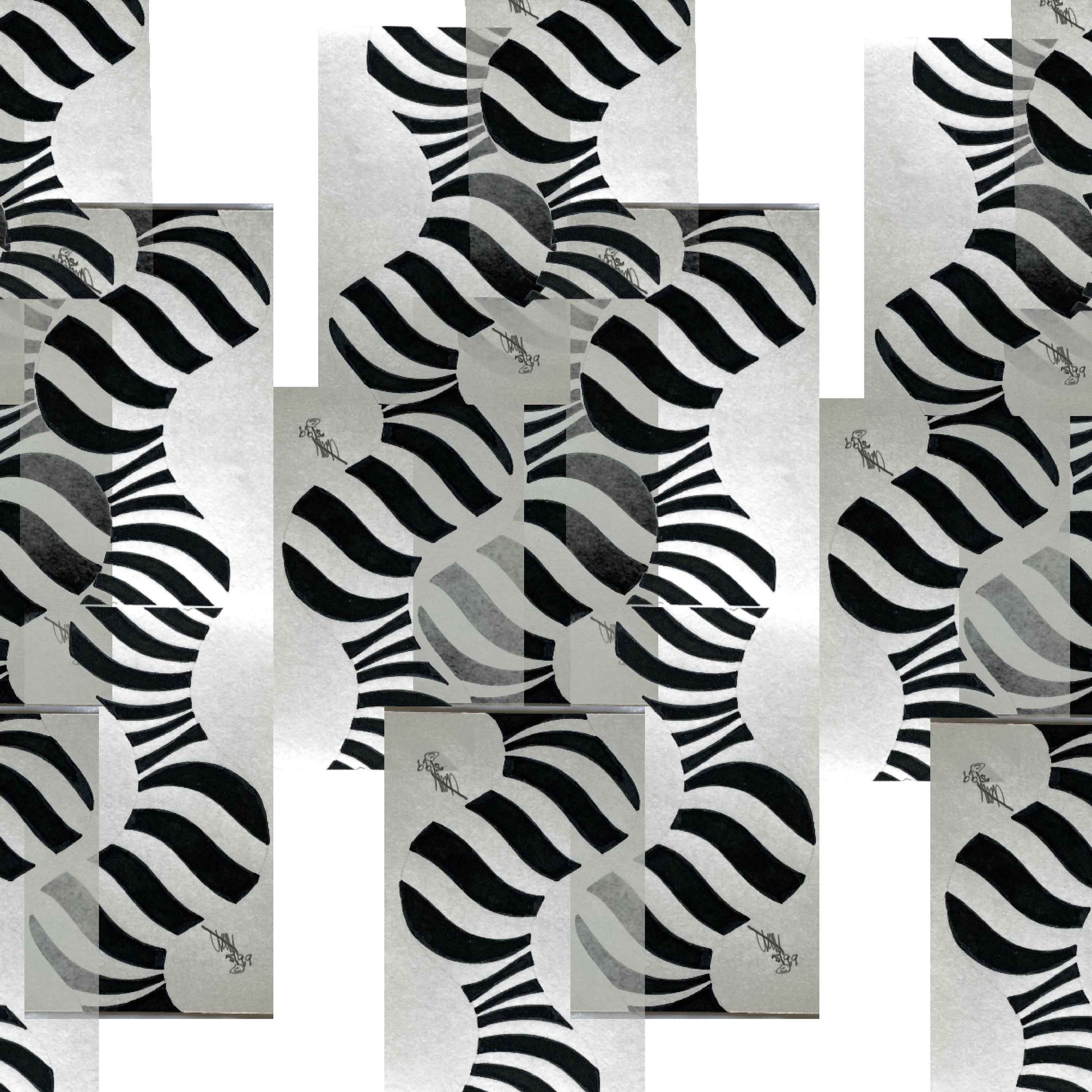 white-black_Abstract geometric pattern featuring layered circles and wavy stripe motifs in black and grey tones, arranged in a grid-like composition with a modern, airy feel on a light background.
