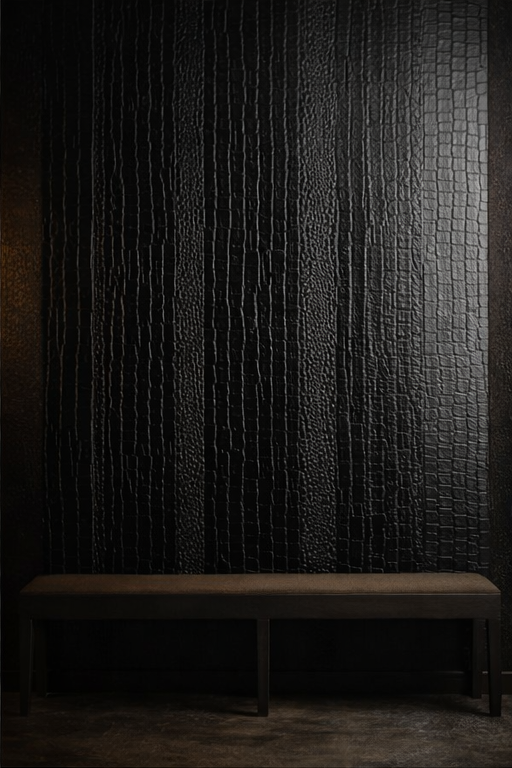 black_Matte black alligator embossed wallpaper showing vertical repeat and scale pattern across wall surface