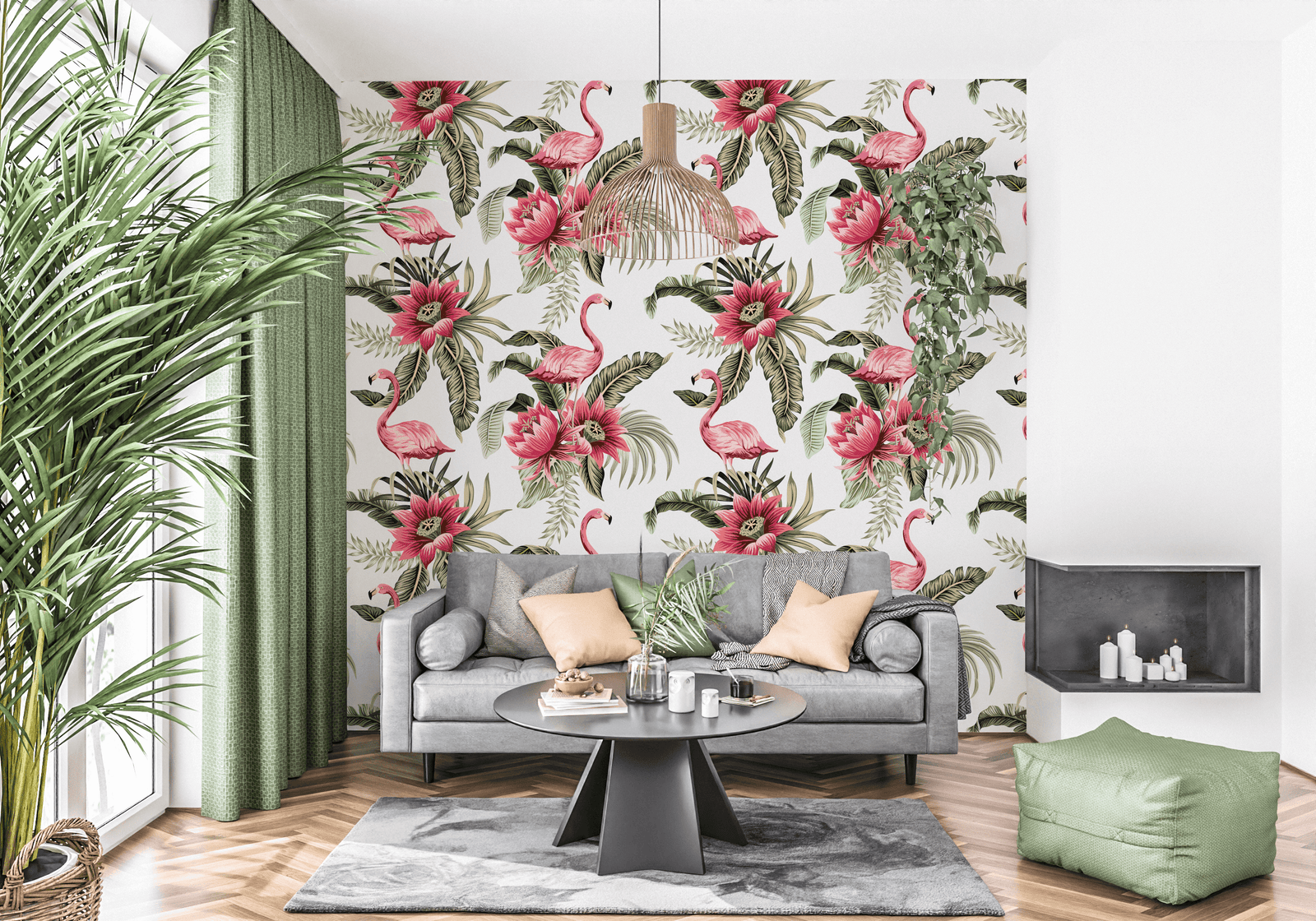 white_A wallpaper pattern with a tropical theme, featuring multiple pink flamingos and large pink flowers among green leaves in a living room with a grey couch. 
