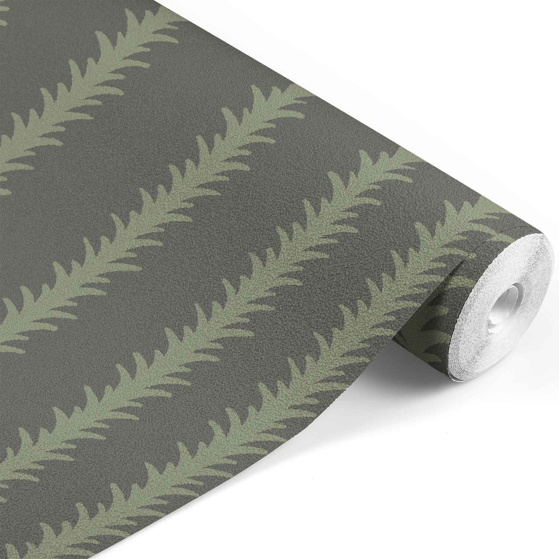 dark-green_A vertical pattern of leaf-like shapes in shades of green with a dark green background, indicative of traditional wallpaper.
