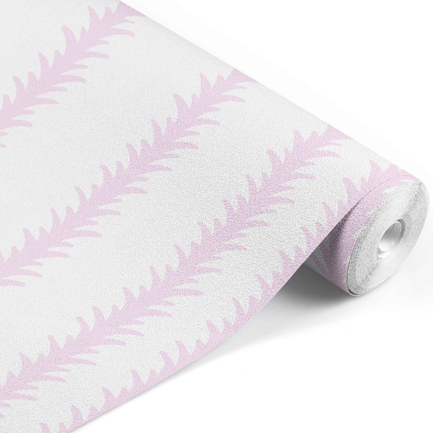pink_A vertical pattern of leaf-like shapes in shades of pink with a white background, indicative of traditional wallpaper.