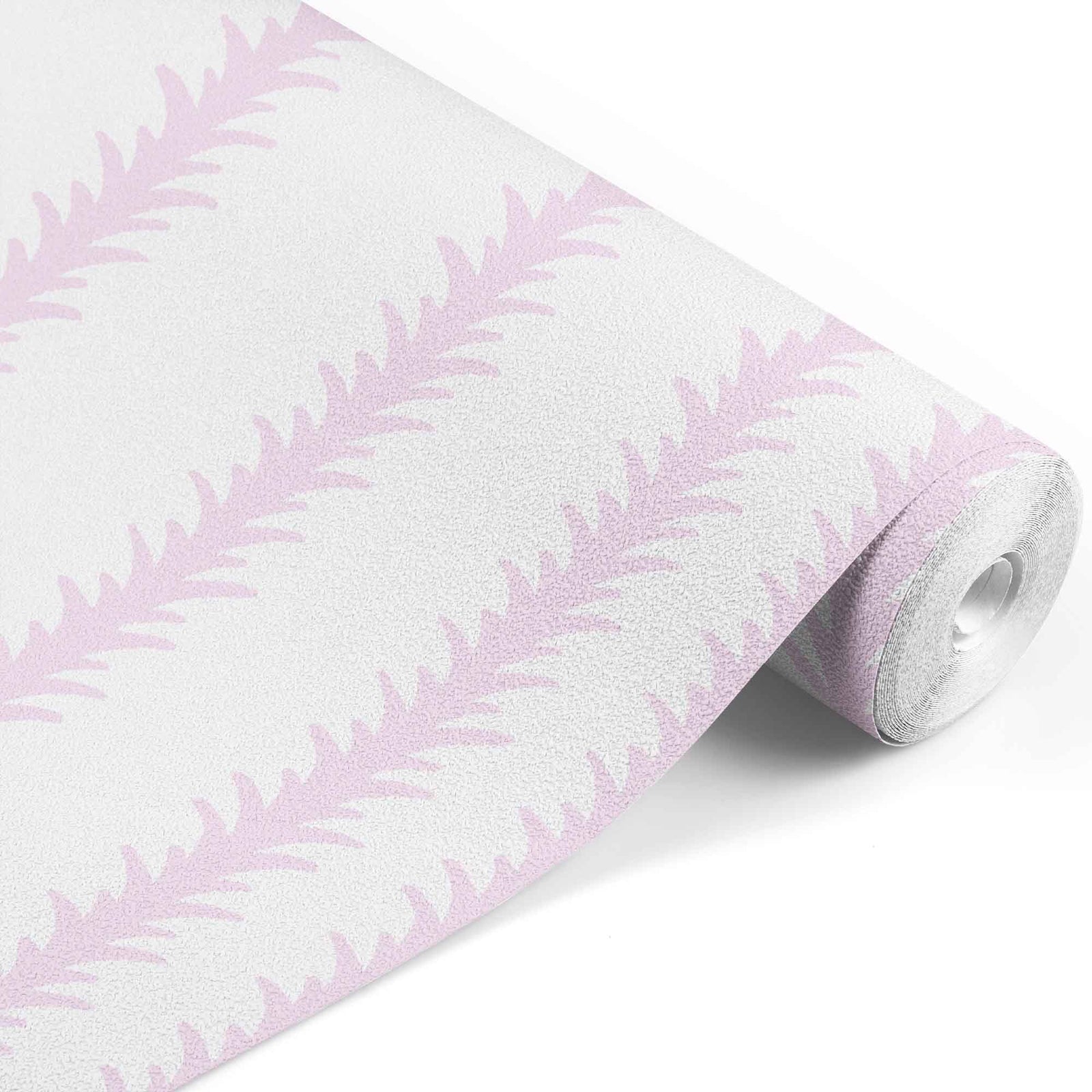 pink_A vertical pattern of leaf-like shapes in shades of pink with a white background, indicative of traditional wallpaper.