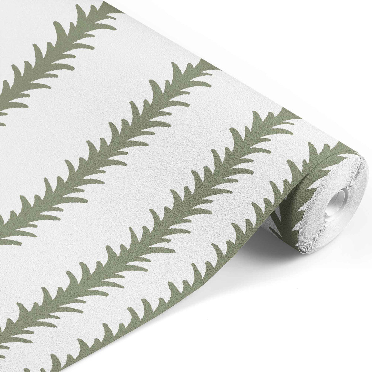 sage_A vertical pattern of leaf-like shapes in shades of sage with a white background, indicative of traditional wallpaper.