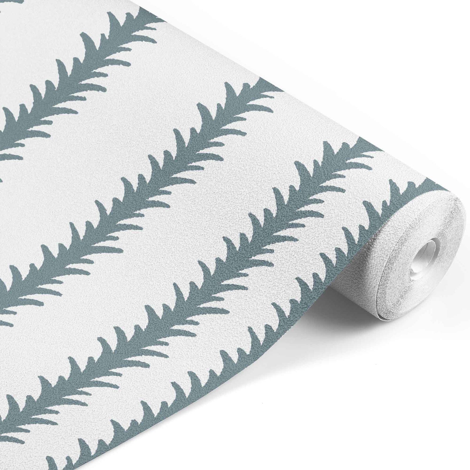 slate-blue_A vertical pattern of leaf-like shapes in shades of slate blue with a white background, indicative of traditional wallpaper.