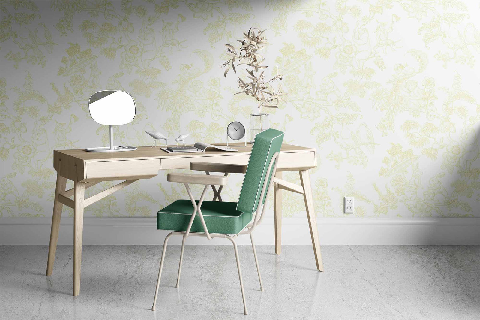 yellow_A traditional wallpaper with a floral pattern in a toile style design, predominantly yellow on a white background in a room with a desk.