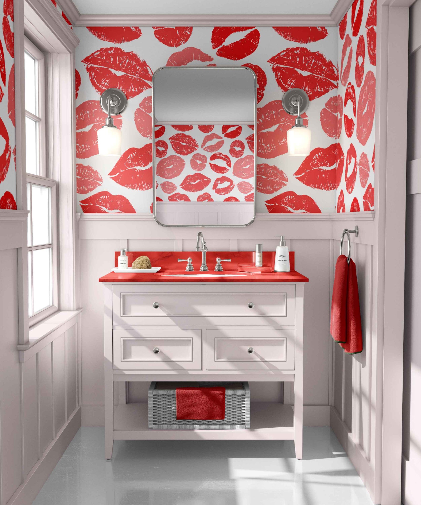 red_A wallpaper with a repeated pattern of lips in red on a white background in a bathroom with a white vanity.