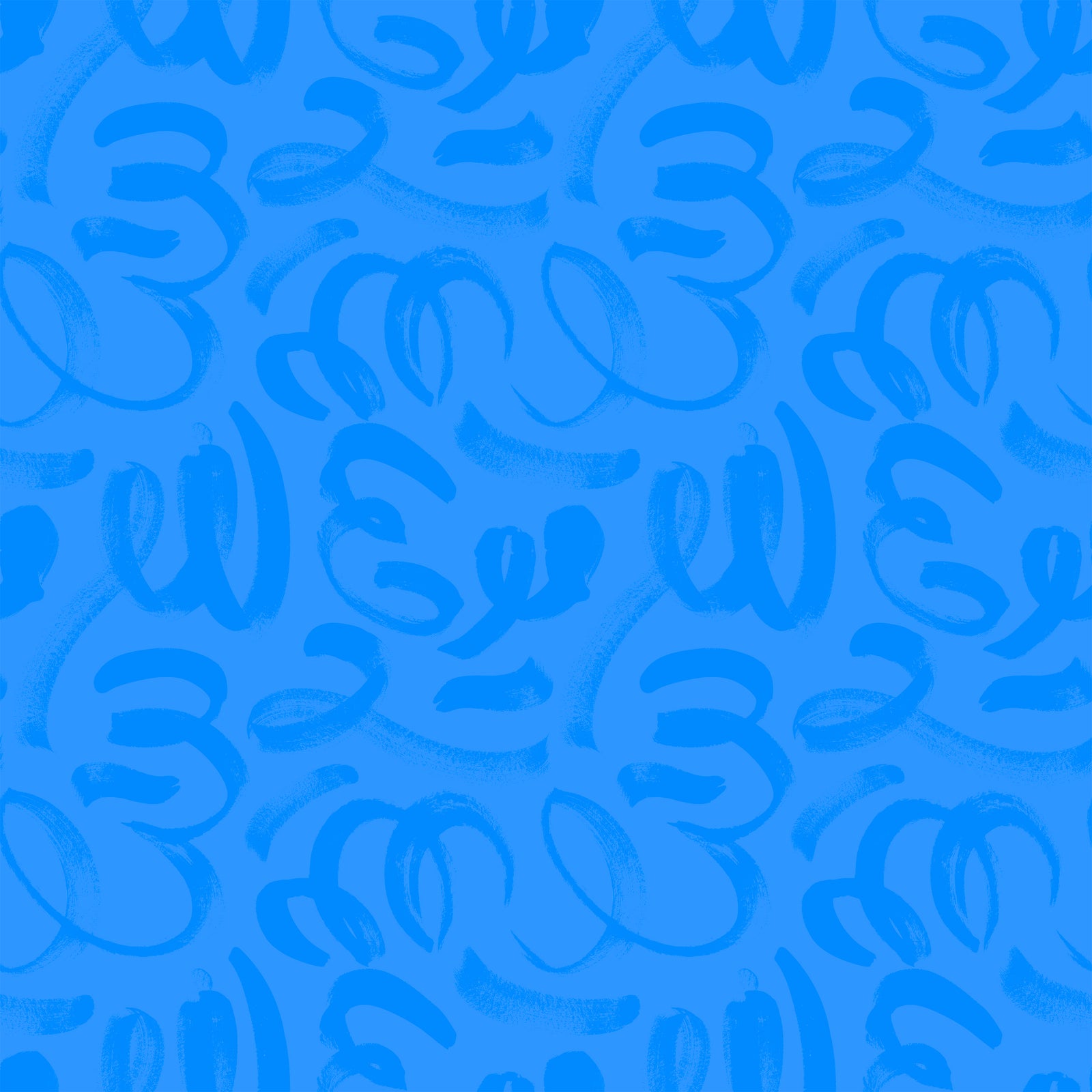 indigo_Abstract painterly pattern featuring bold, gestural brushstrokes and looping forms in a blue color on a lighter blue background, creating a dynamic, hand-painted look with expressive movement.