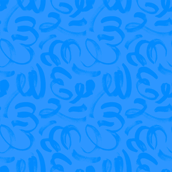 indigo_Abstract painterly pattern featuring bold, gestural brushstrokes and looping forms in a blue color on a lighter blue background, creating a dynamic, hand-painted look with expressive movement.