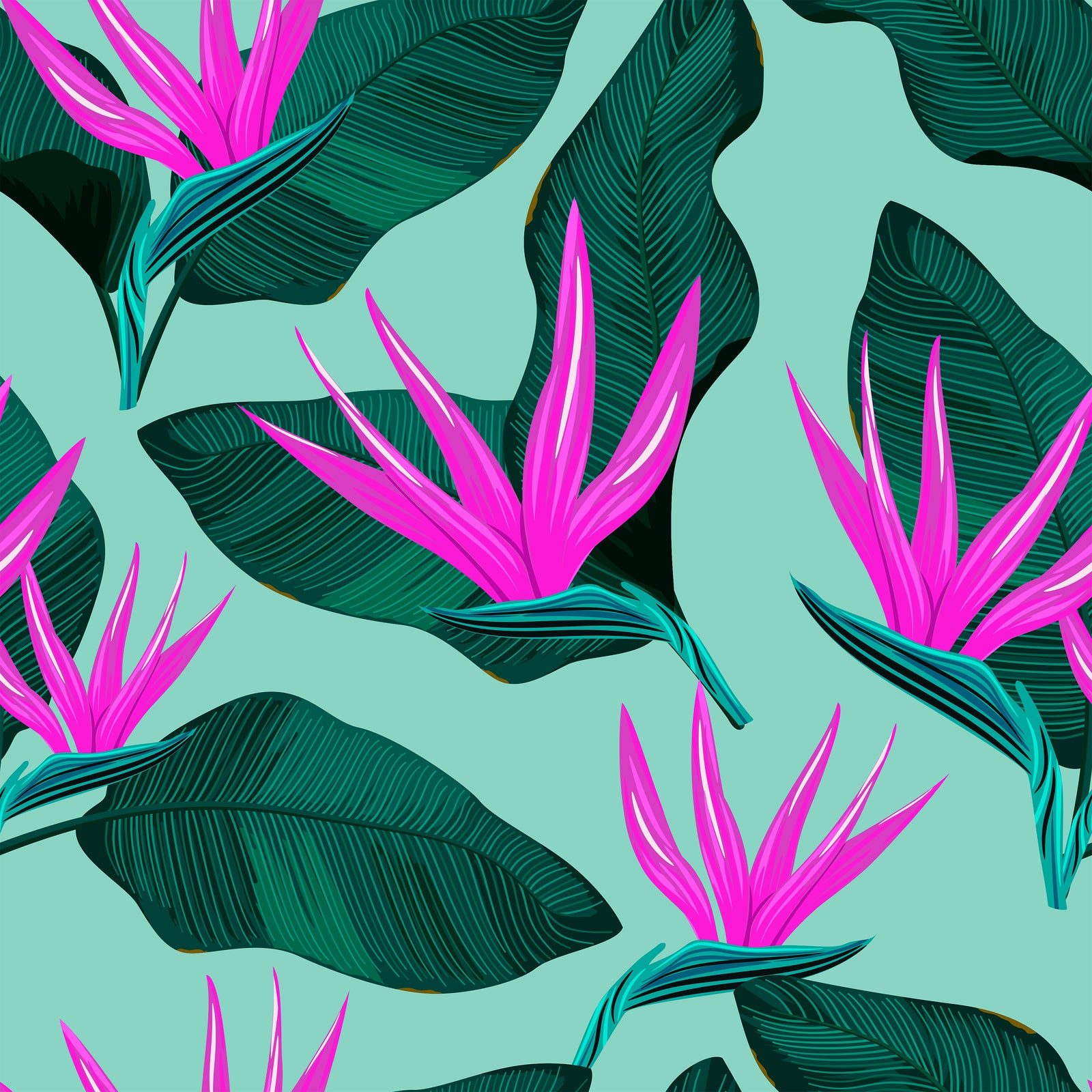 mint_A wallpaper with a tropical pattern, featuring large green leaves and hot pink flower blooms with a mint background.