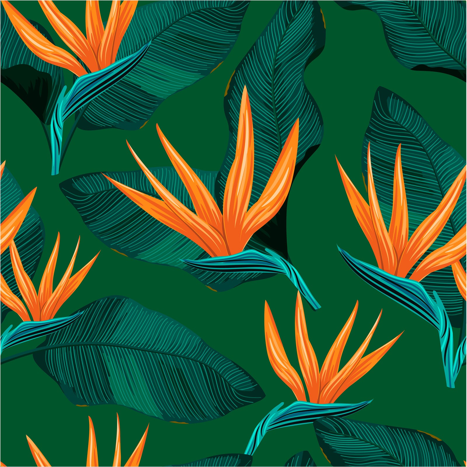 green_A wallpaper with a tropical pattern, featuring large green leaves and hot pink flower blooms with a green background.