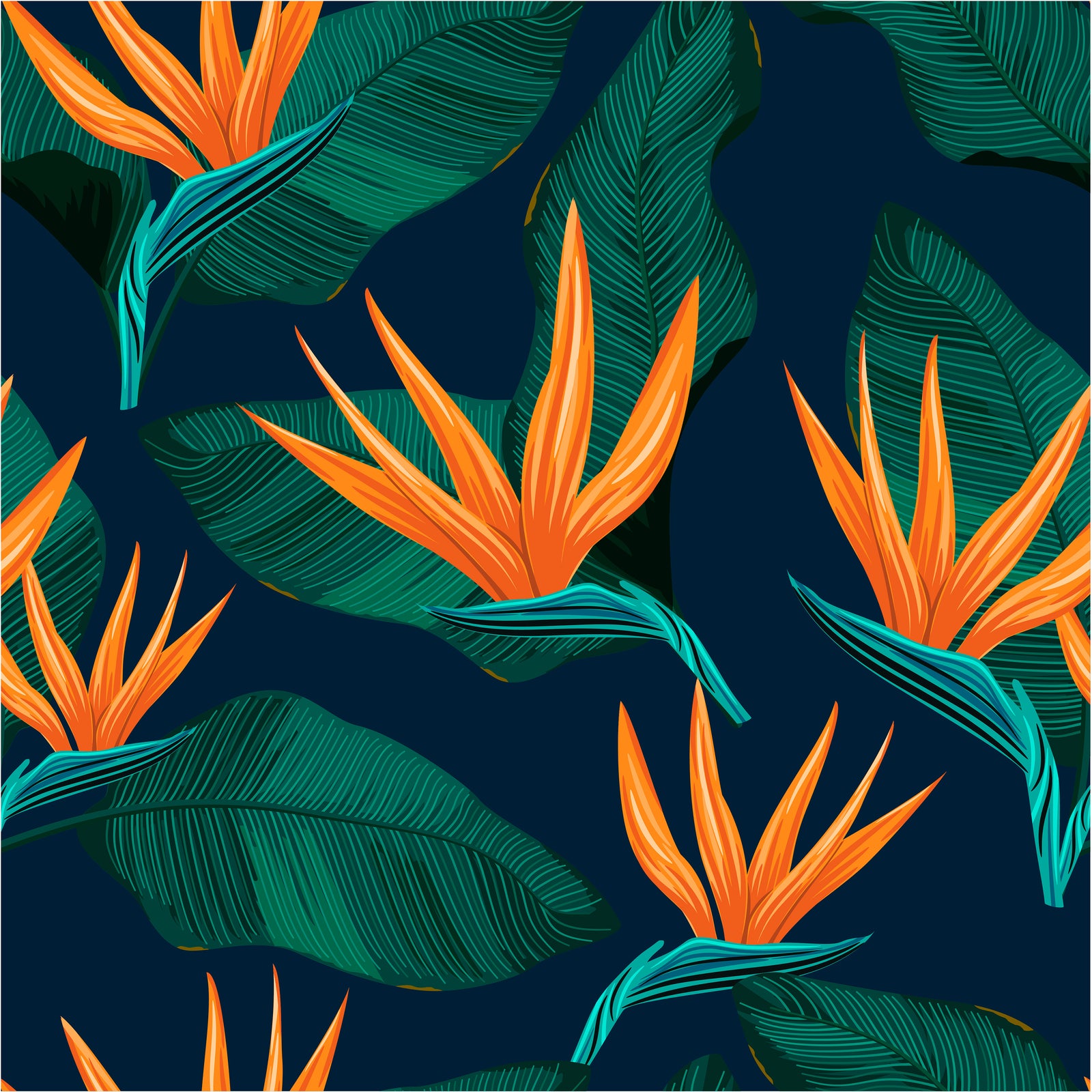 navy_A wallpaper with a tropical pattern, featuring large green leaves and hot pink flower blooms with a navy background.