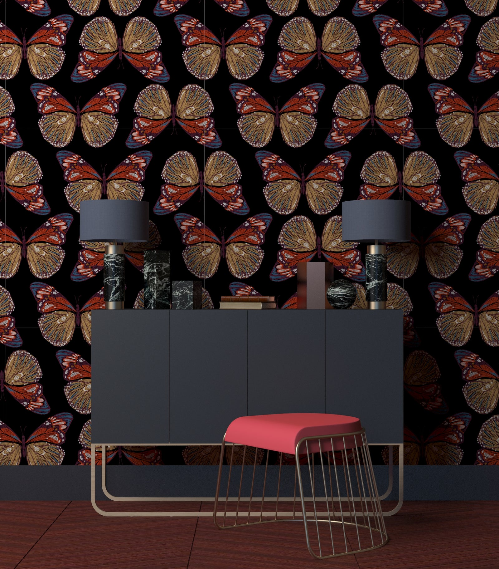 black_Seamless pattern of illustrated butterflies with detailed, multicolored wings in shades of rust, gold, teal, and plum, arranged on a black background for a bold, high-contrast look.