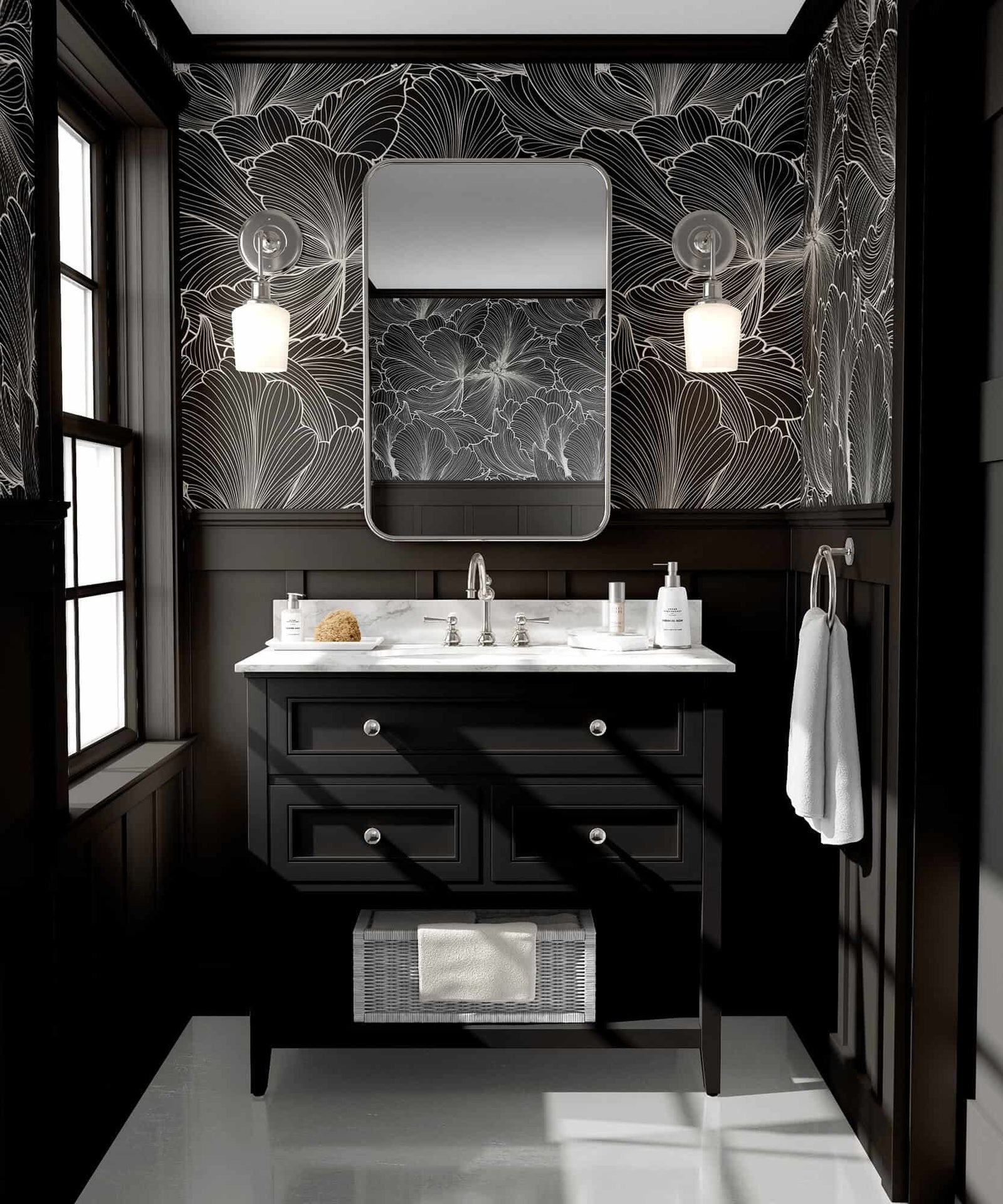 black_Bold floral pattern featuring large, flowing blossoms rendered in fine white linework on a black background, creating a high-contrast, elegant, and dramatic look in a seamless repeat.