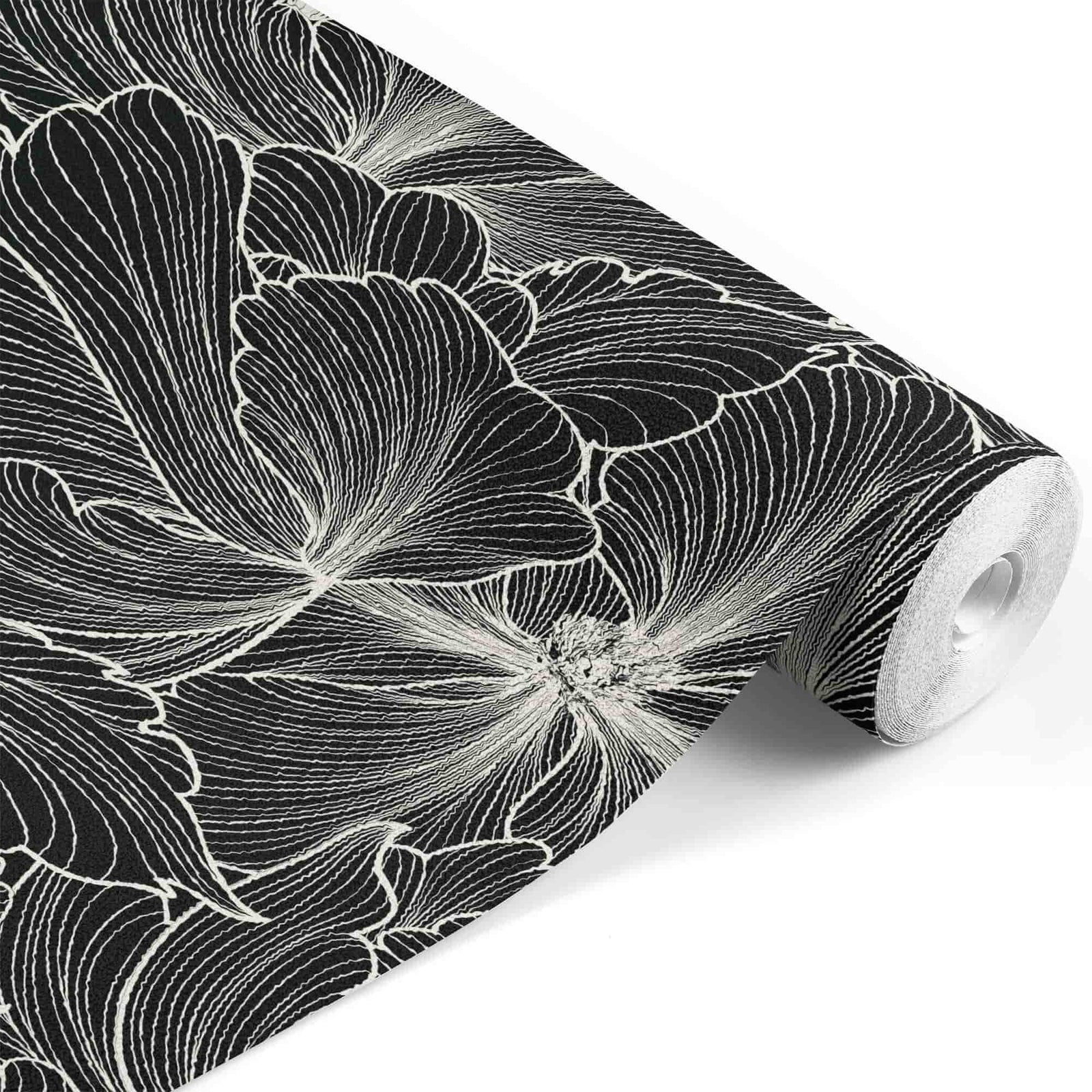 black_Bold floral pattern featuring large, flowing blossoms rendered in fine white linework on a black background, creating a high-contrast, elegant, and dramatic look in a seamless repeat.