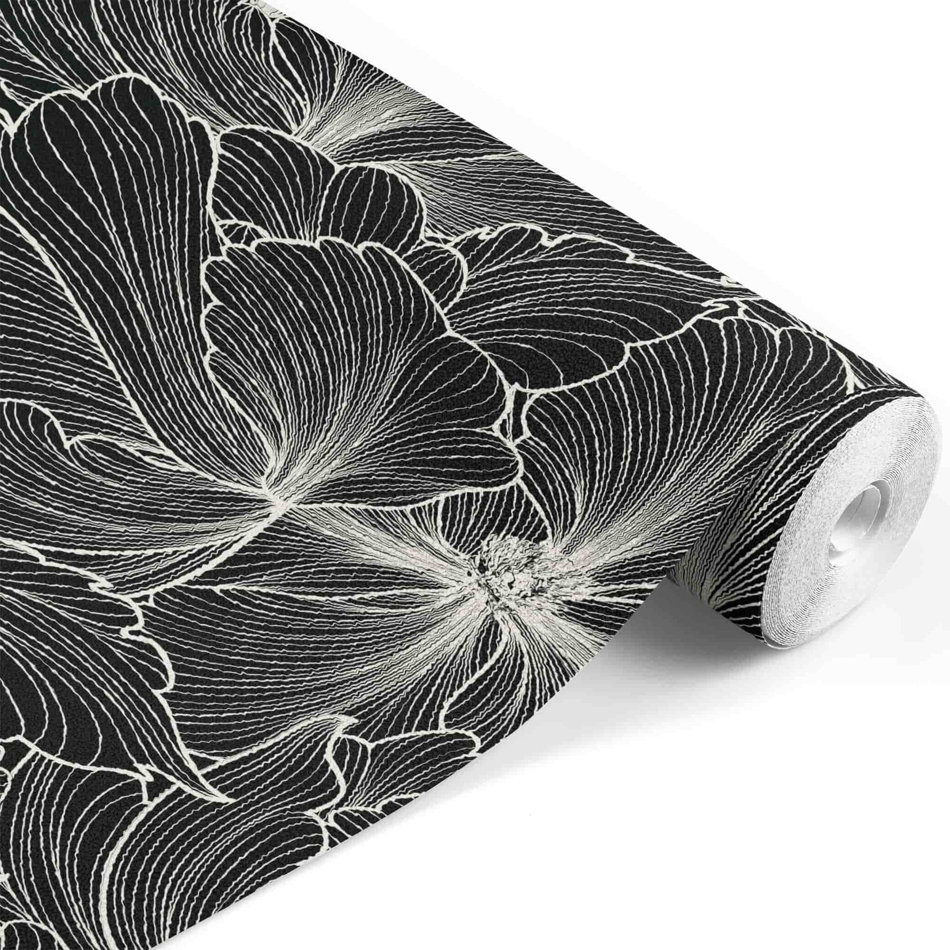 black_Bold floral pattern featuring large, flowing blossoms rendered in fine white linework on a black background, creating a high-contrast, elegant, and dramatic look in a seamless repeat.
