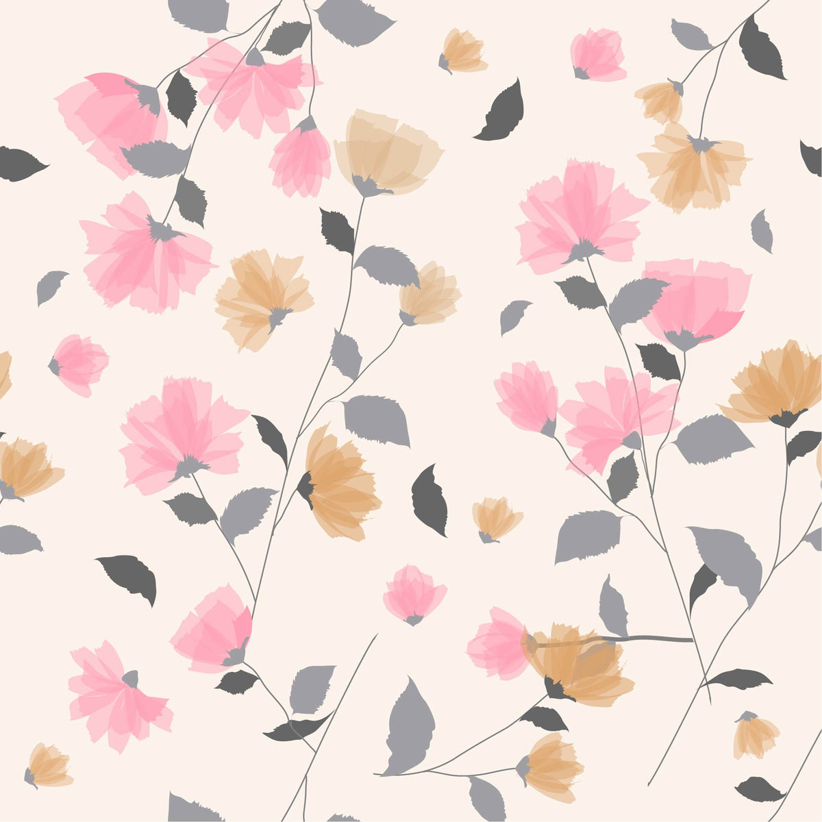 cream_delicate floral wallpaper featuring a soft and subtle color palette. The design includes an array of stylized flowers in shades of pink and brown, interspersed with elegant leaf patterns, creating a traditional yet charming aesthetic.