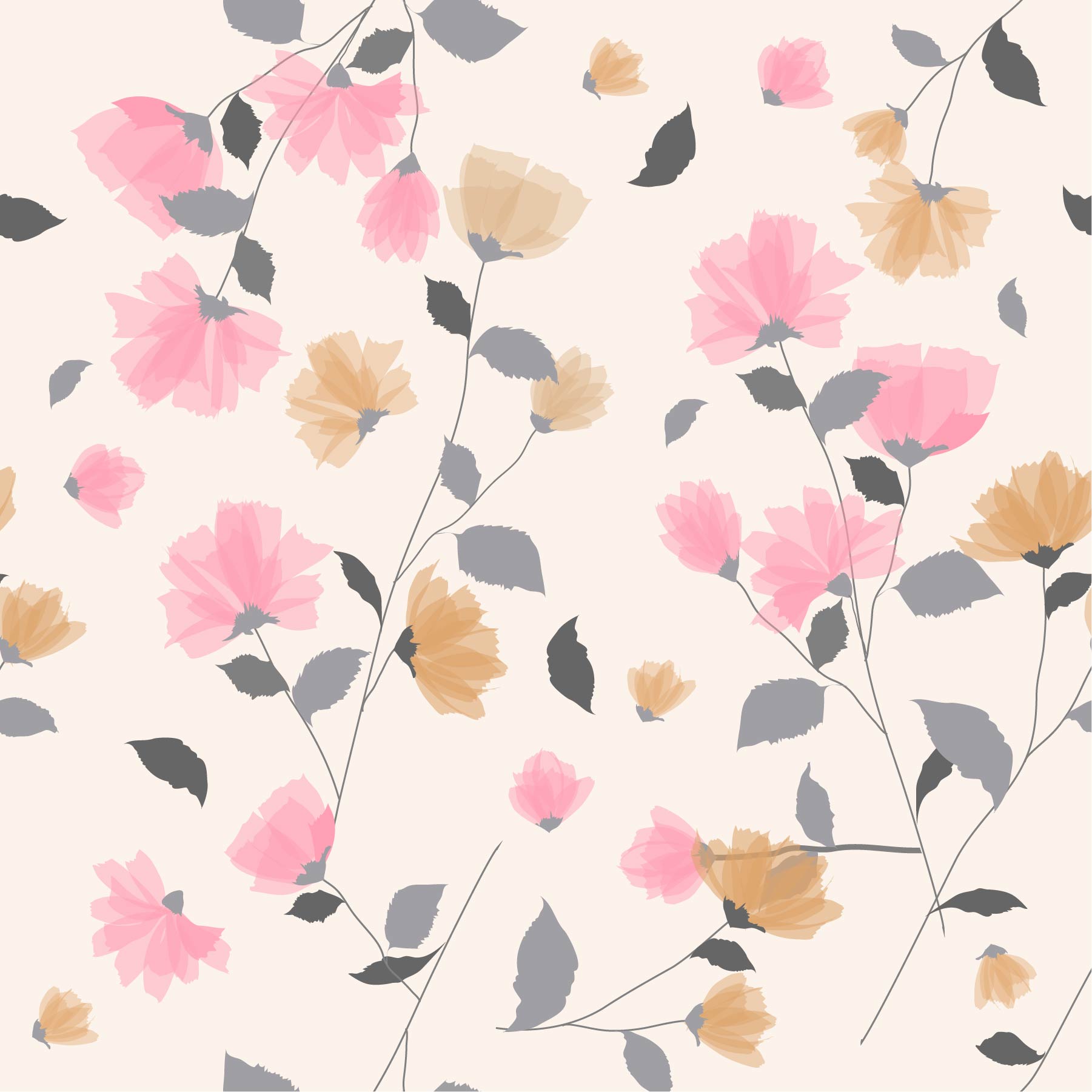 cream_delicate floral wallpaper featuring a soft and subtle color palette. The design includes an array of stylized flowers in shades of pink and brown, interspersed with elegant leaf patterns, creating a traditional yet charming aesthetic.
