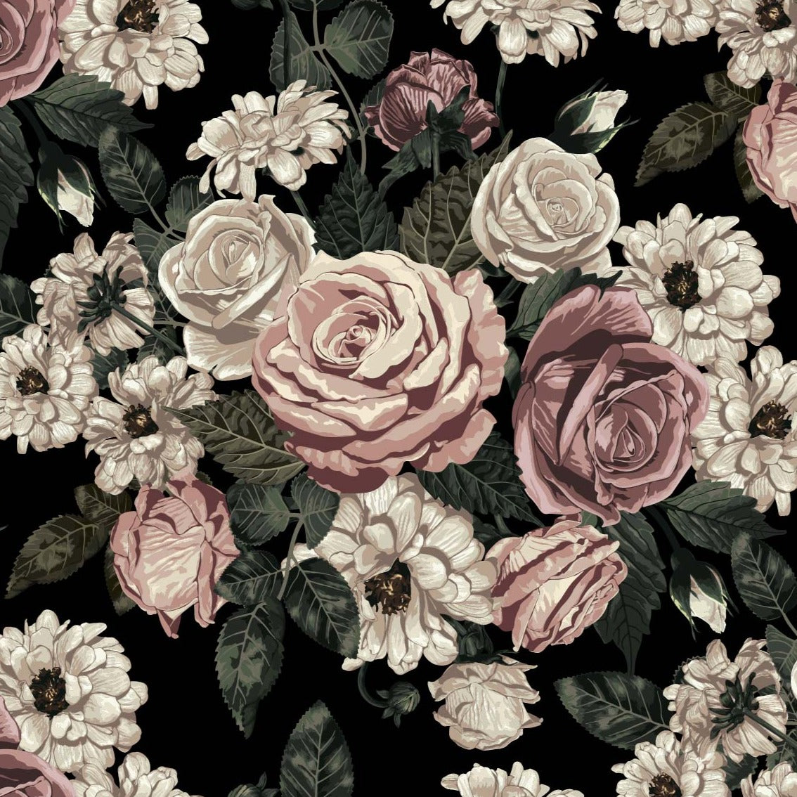 black_floral wallpaper featuring dusty rose colored roses and other flowers on a black background.