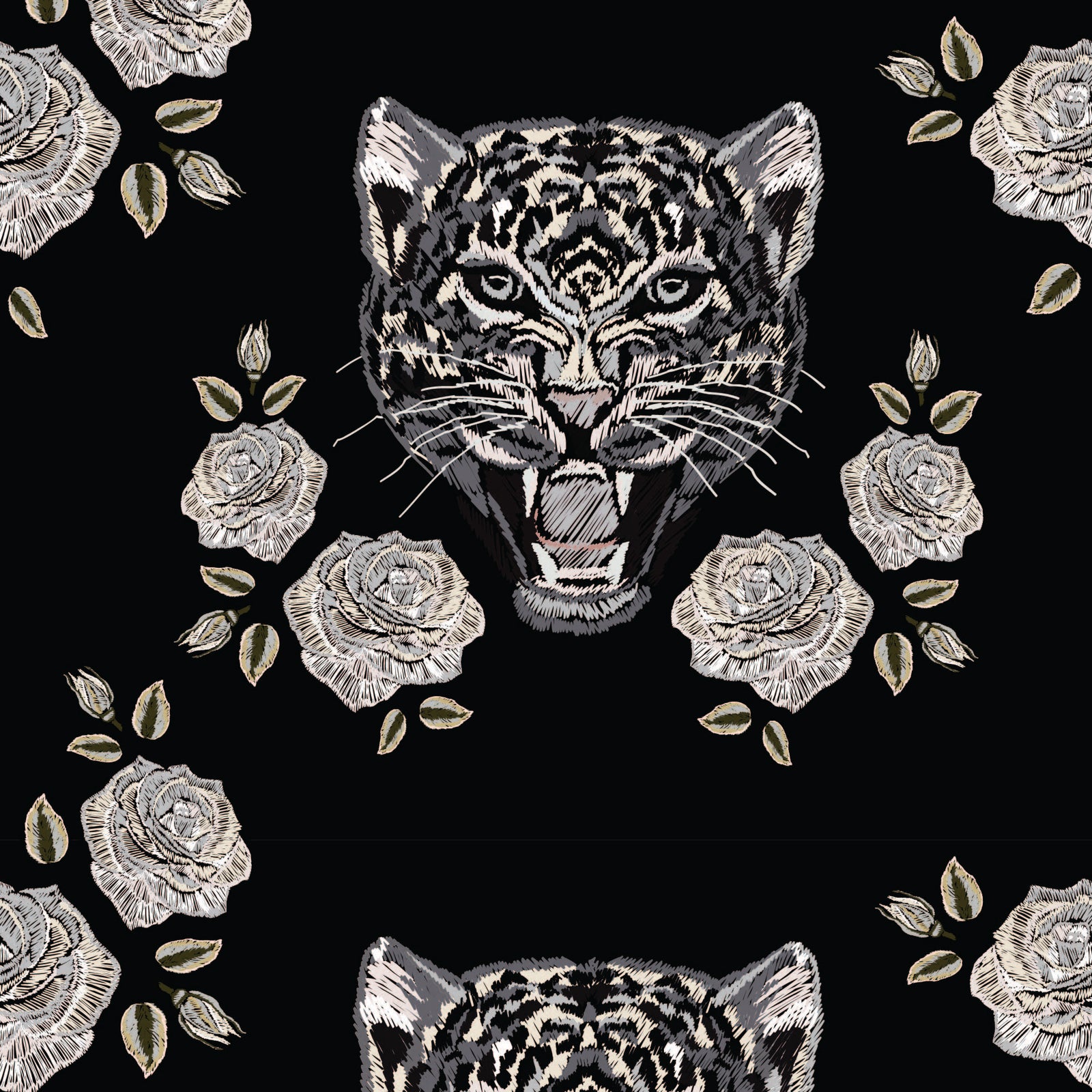 ivory_repeating pattern with embroidered tiger heads and roses.