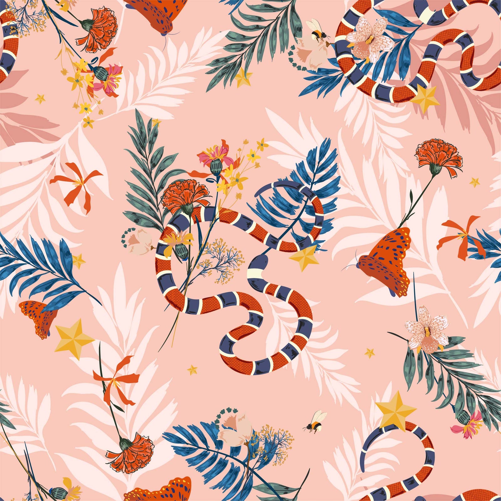 pink_A wallpaper featuring a pattern with colorful snakes, butterflies, and floral elements on a pink background.