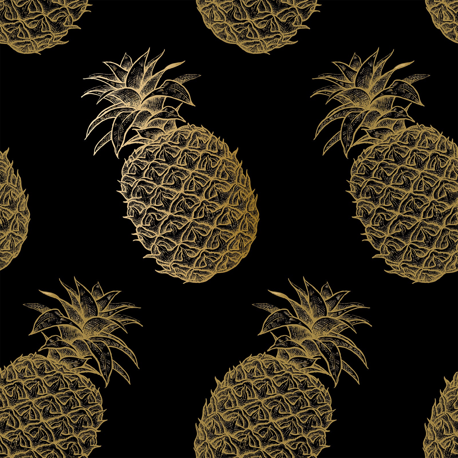 black_This image displays a wallpaper featuring a pattern of golden pineapples set against a dark background. Each pineapple is intricately designed, showcasing detailed textures and a vibrant golden hue that pops against the contrasting black backdrop.