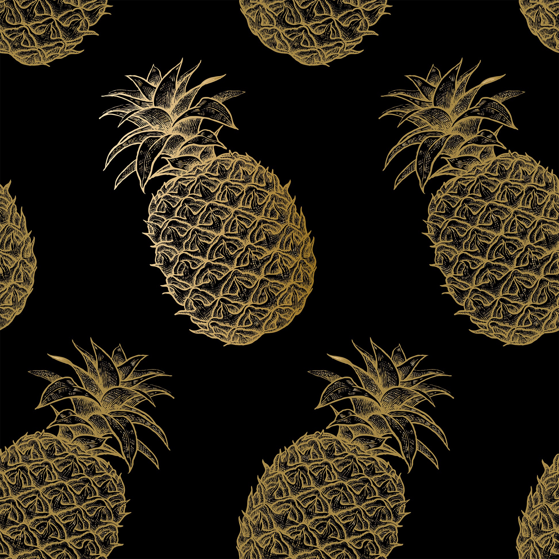 black_This image displays a wallpaper featuring a pattern of golden pineapples set against a dark background. Each pineapple is intricately designed, showcasing detailed textures and a vibrant golden hue that pops against the contrasting black backdrop.