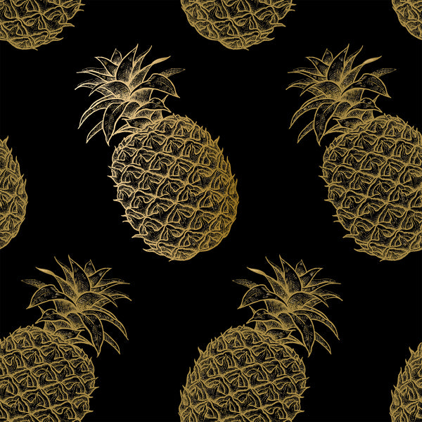 black_This image displays a wallpaper featuring a pattern of golden pineapples set against a dark background. Each pineapple is intricately designed, showcasing detailed textures and a vibrant golden hue that pops against the contrasting black backdrop.