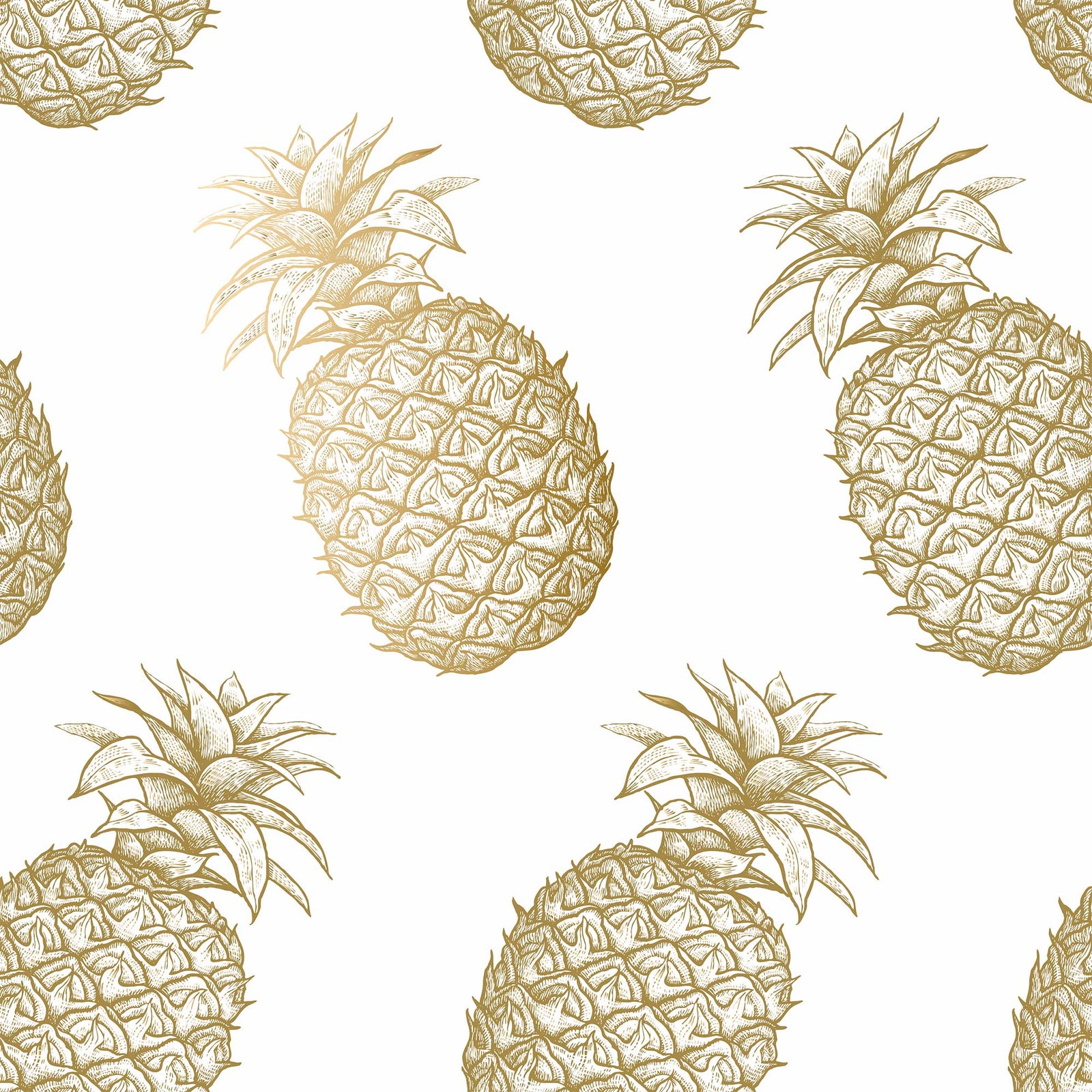 white_This image displays a wallpaper featuring a pattern of golden pineapples set against a white background. Each pineapple is intricately designed, showcasing detailed textures and a vibrant golden hue that pops against the white backdrop.