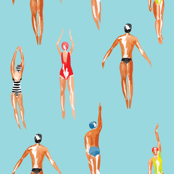 blue_A wallpaper featuring illustrated swimmers against a blue background.