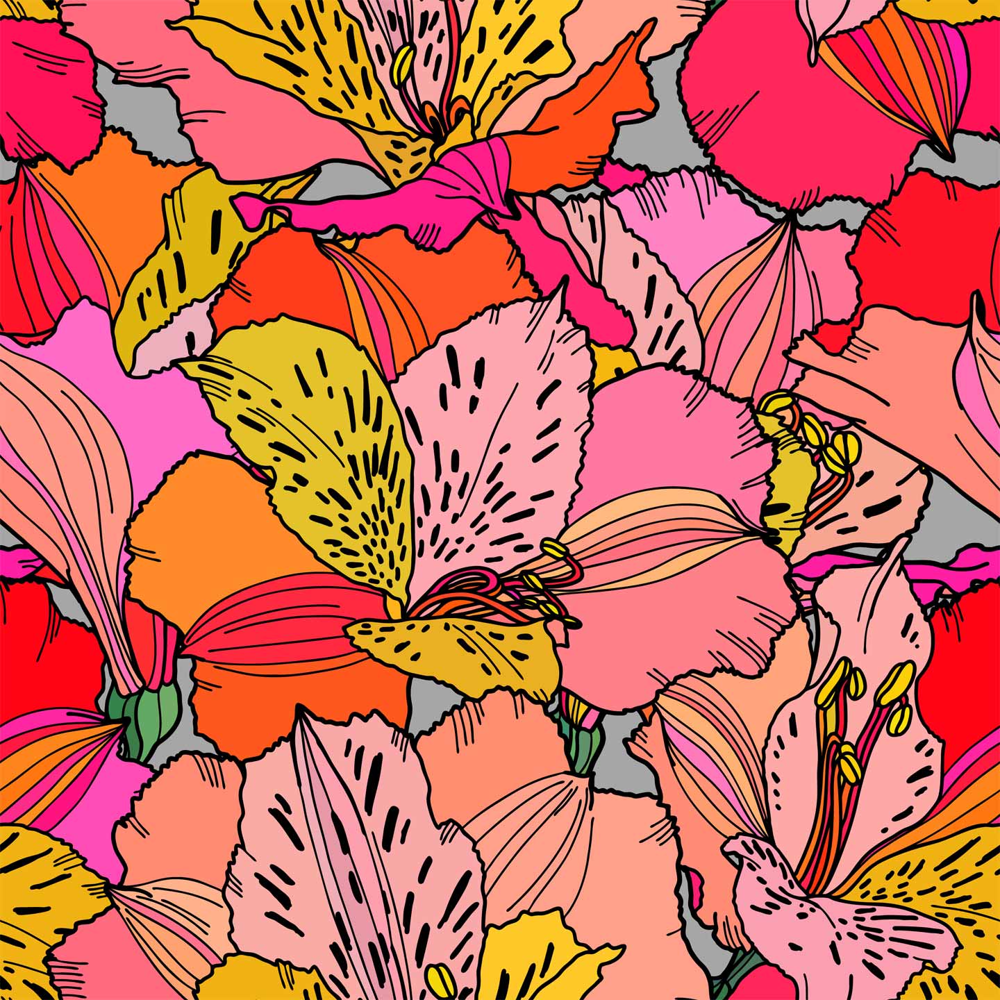 pink_Vibrant floral pattern featuring large, overlapping blossoms outlined in black, filled with bold shades of pink, coral, orange, and yellow, creating a lively, graphic, and high-energy design.