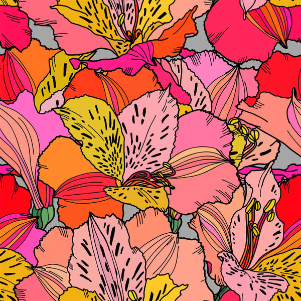 pink_Vibrant floral pattern featuring large, overlapping blossoms outlined in black, filled with bold shades of pink, coral, orange, and yellow, creating a lively, graphic, and high-energy design.