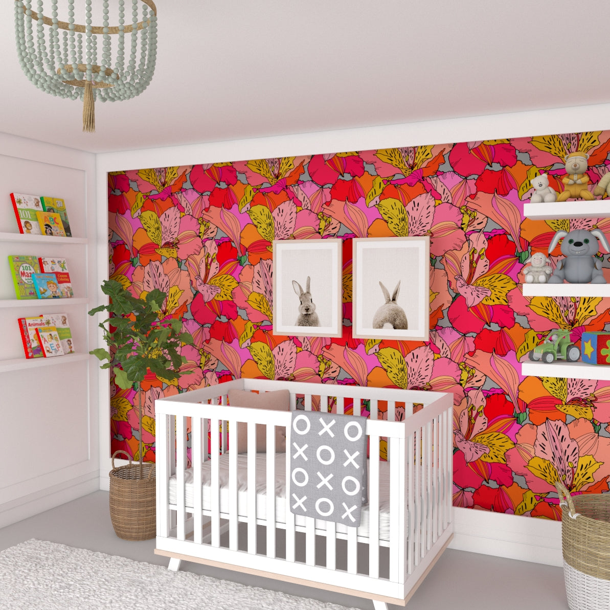 pink_Vibrant floral pattern featuring large, overlapping blossoms outlined in black, filled with bold shades of pink, coral, orange, and yellow, creating a lively, graphic, and high-energy design in a nursery.