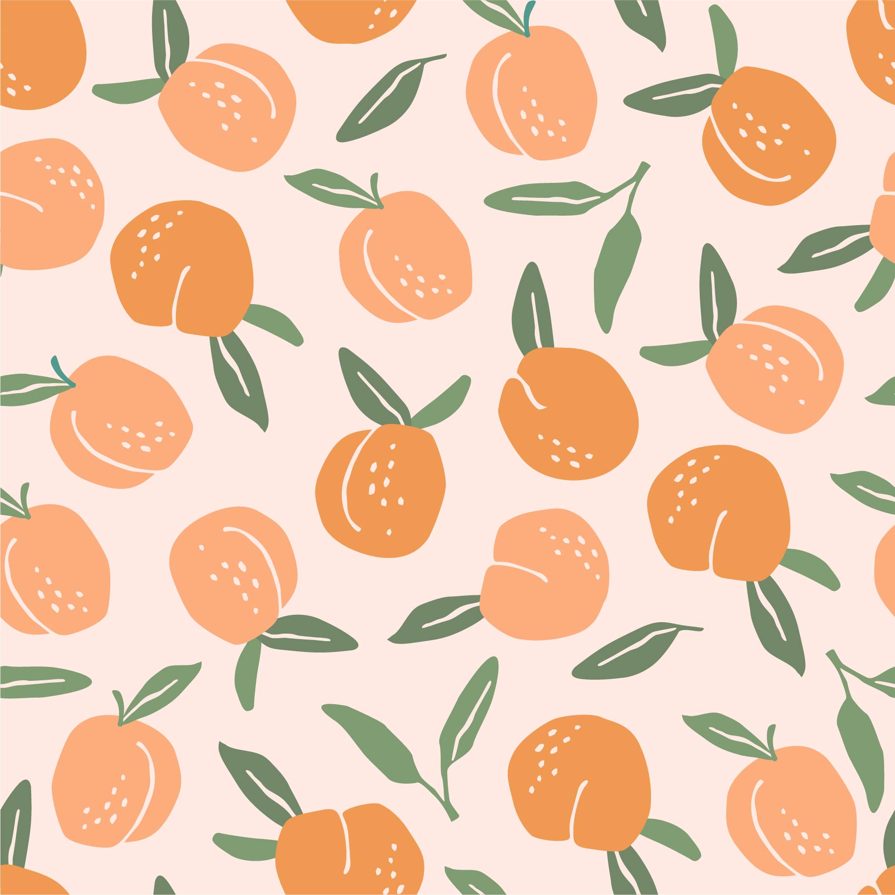 pale-pink_A wallpaper pattern featuring peach fruits with green leaves on a pale pink background.