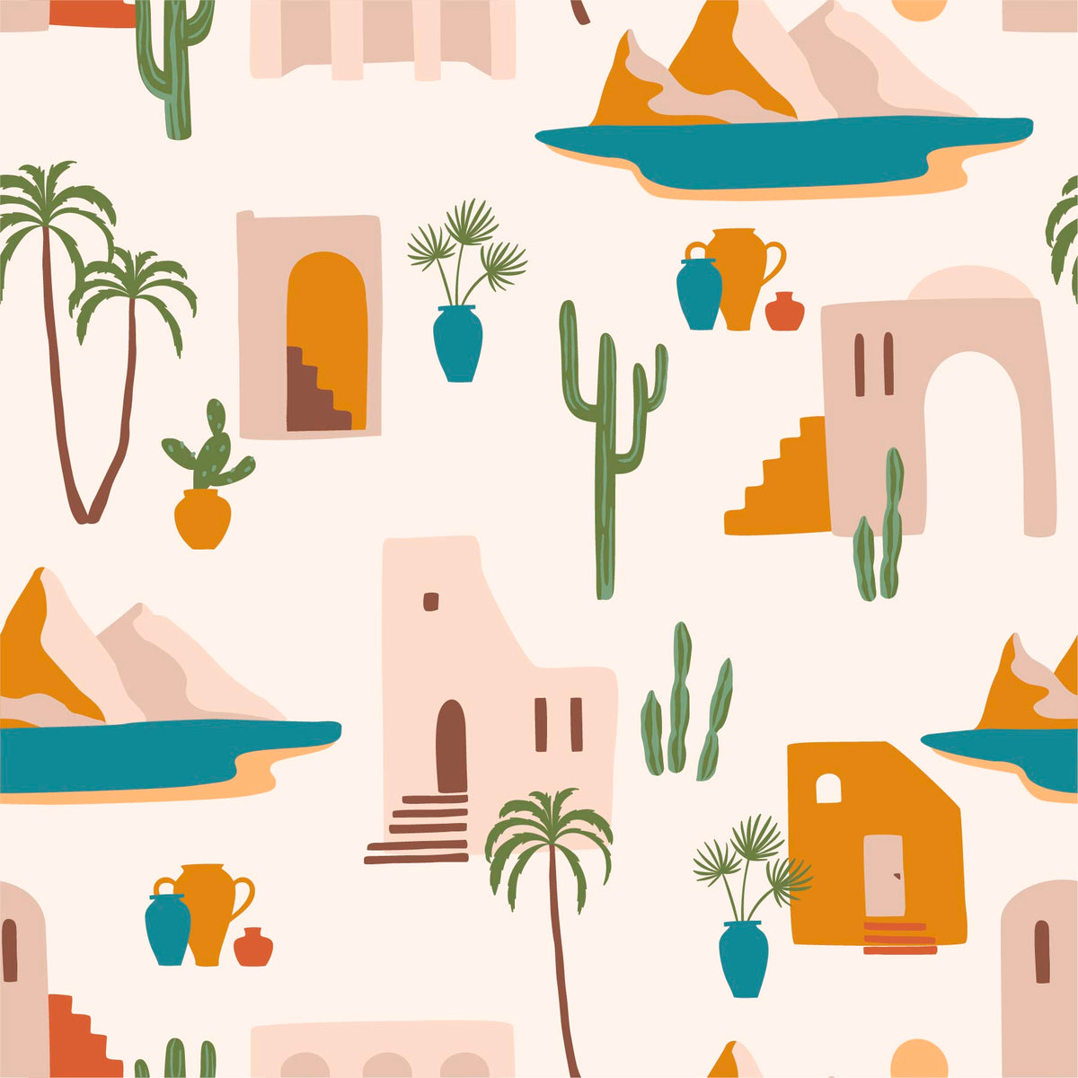 light-tan_Seamless desert-inspired pattern featuring stylized adobe buildings, cacti, palm trees, mountains, and pottery in warm earthy tones of terracotta, sand, and beige with accents of teal and muted green on a light neutral background.