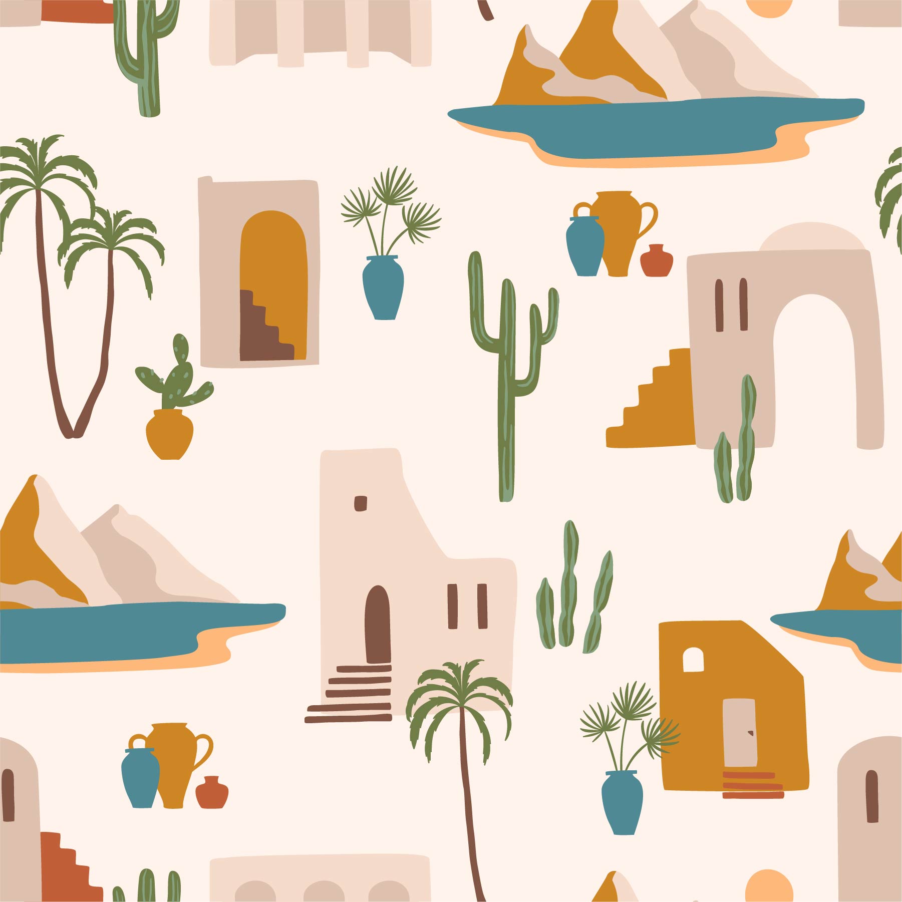 light-tan_Seamless desert-inspired pattern featuring stylized adobe buildings, cacti, palm trees, mountains, and pottery in warm earthy tones of terracotta, sand, and beige with accents of teal and muted green on a light neutral background.