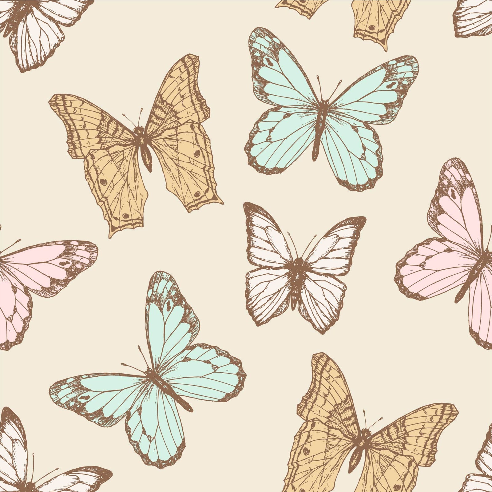 cream_A wallpaper pattern featuring various colorful butterflies in different shades of pastel colors on a beige background.