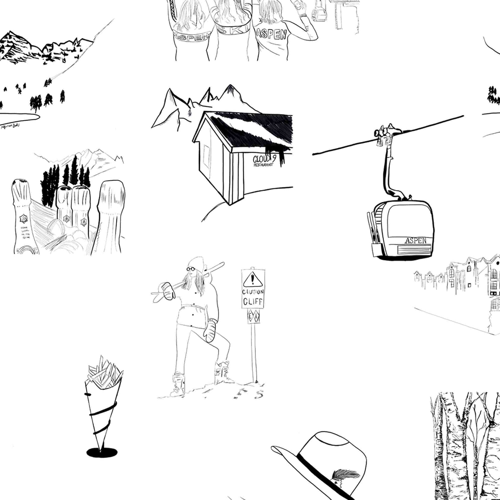 black_A black and white traditional wallpaper featuring ski resort scenes with mountain ranges, ski lifts, and ski gear.