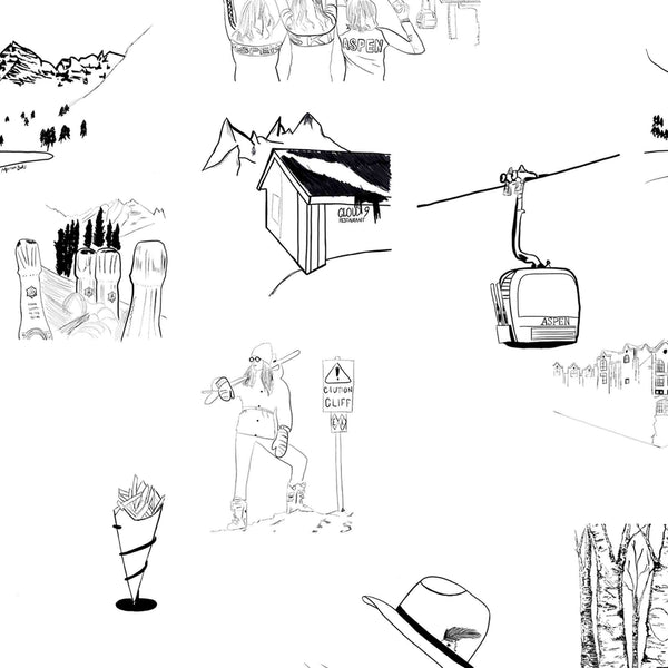 black_A black and white traditional wallpaper featuring ski resort scenes with mountain ranges, ski lifts, and ski gear.