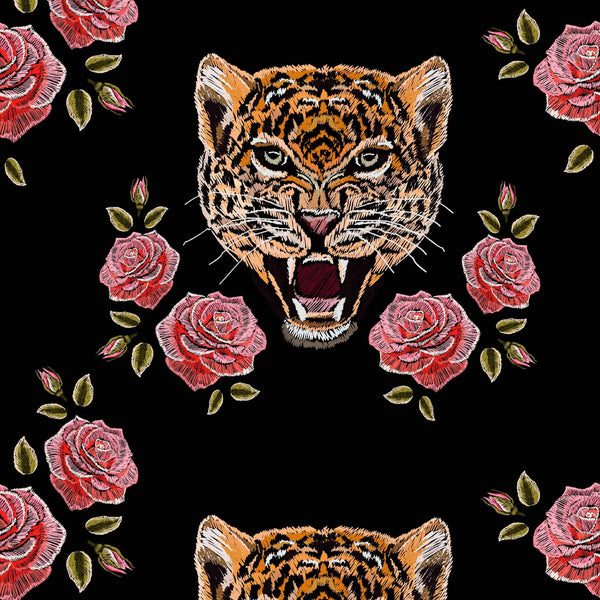 black_repeating pattern with embroidered tiger heads and roses.